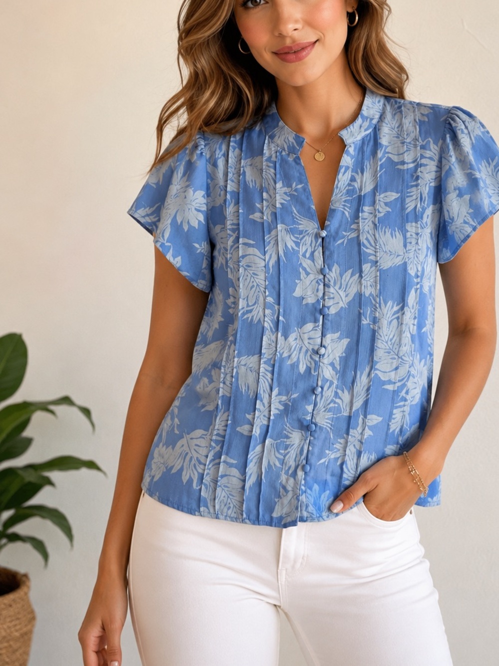 reyn spooner Light Blue Floral Short Sleeve Button Blouse